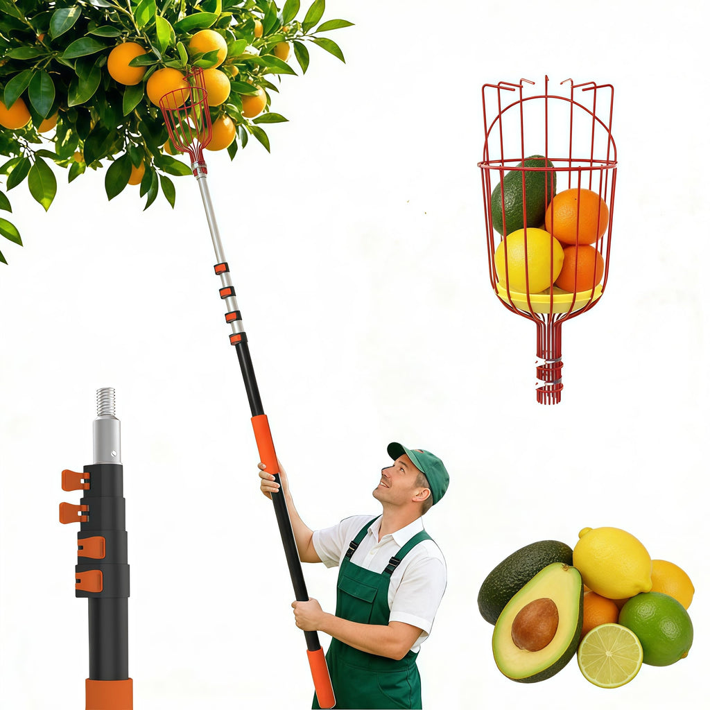 AgiiMan 28 Reach Fruit Picker with Telescopic Extension Pole, 5 to 20 FT Fruit Picker Pole Lightweight and Sturdy Aluminum Telescopic Pole, Easy to Assemble Fruit Picking Basket