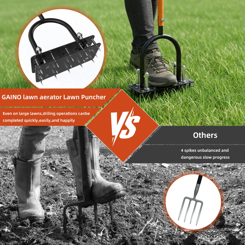 GAINO Manual Lawn Aerator Tool with 15 Spikes, 32"-35" Adjustable T-Handle Aerator for Lawn, Automatic Dirt Ejection Design, Heavy Duty Yard Grass Aerator for Soil Compaction, Black & Orange