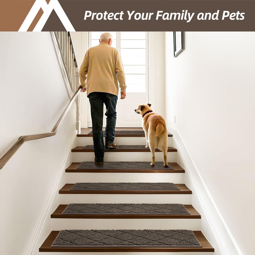 COSY HOMEER Edging Stair Treads Non-Slip Carpet Mat 28inX9in Indoor Stair Runners for Wooden Steps, Edging Stair Rugs for Kids and Dogs, 100% Polyester TPE Backing (4pc, Brown)
