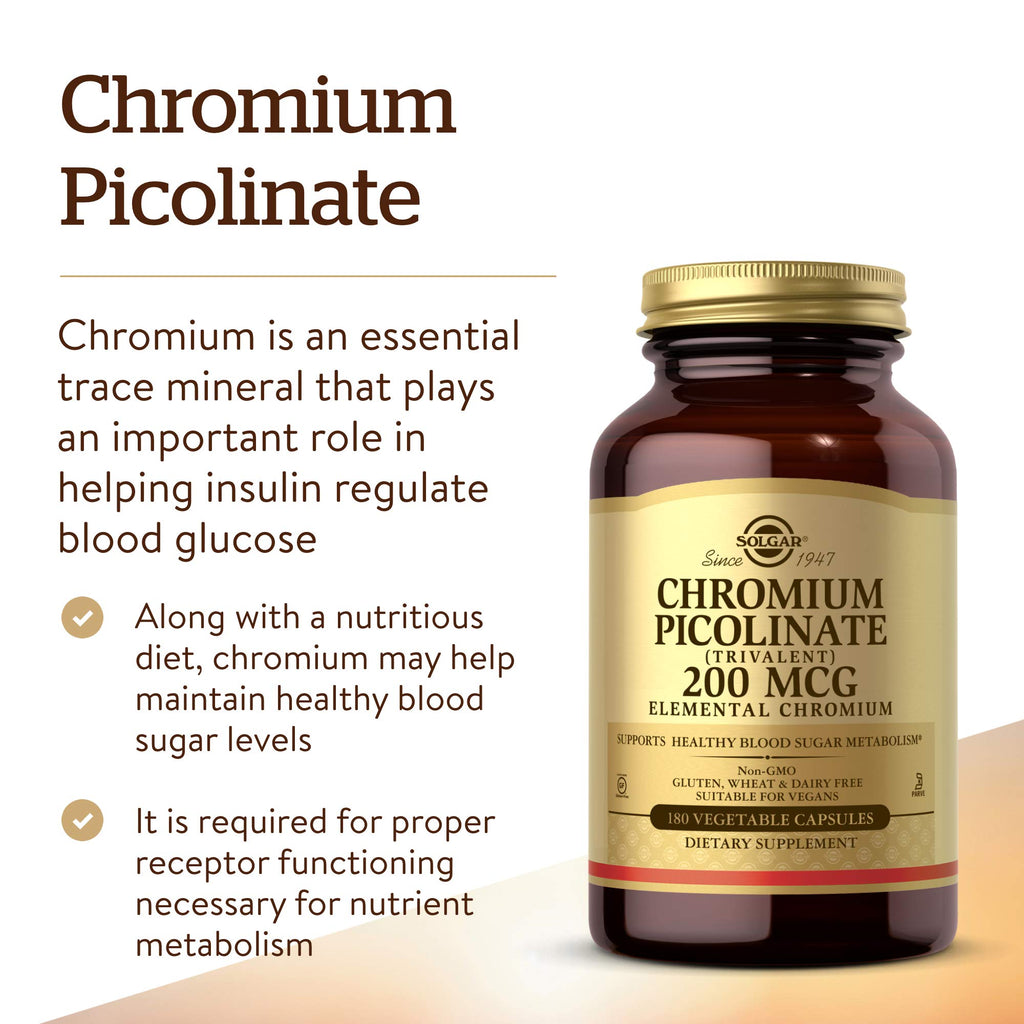 Solgar Chromium Picolinate 200 mcg, 180 Vegetable Capsules - Supports Healthy Blood Sugar Metabolism - Non-GMO, Vegan, Gluten Free, Dairy Free, Kosher - 180 Servings