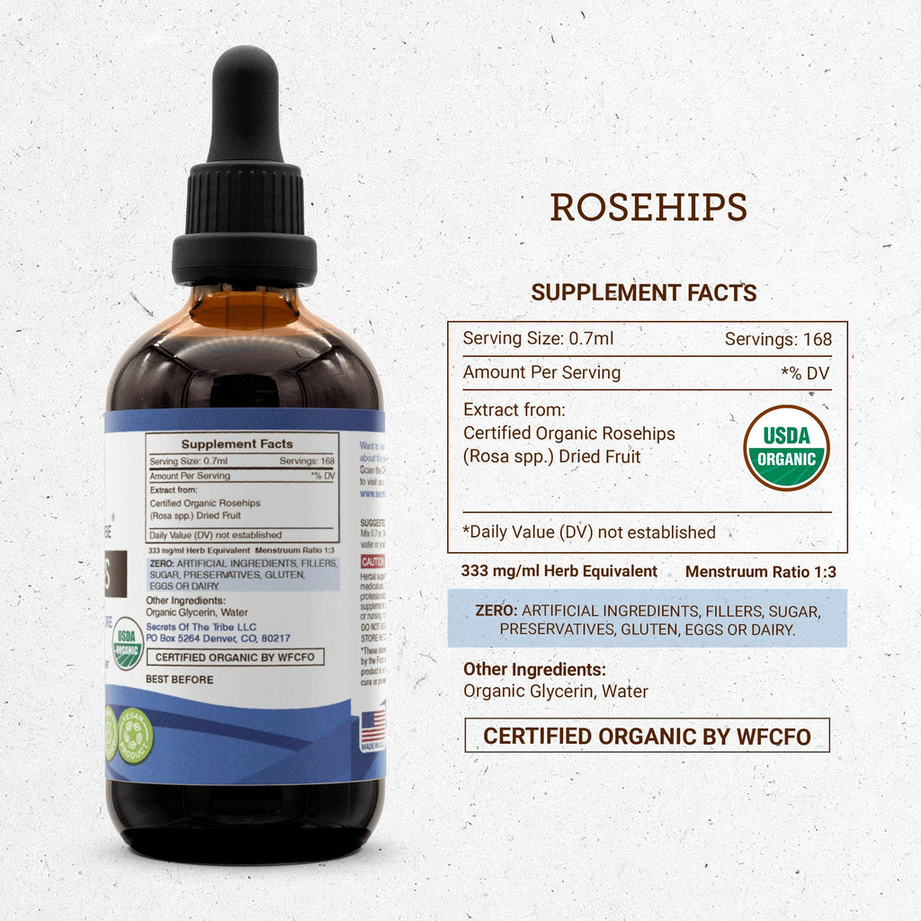 Secrets of the Tribe Rosehips USDA Organic | Alcohol-Free Extract, High-Potency Herbal Drops | Made from 100% Certified Organic Rosehips (Rosa spp.) Dried Fruit (4 oz)