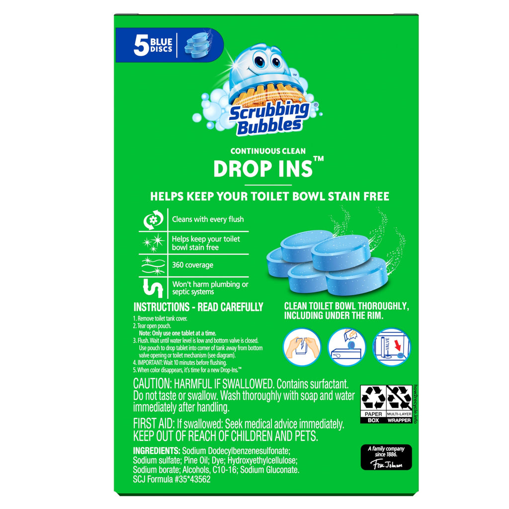 Scrubbing Bubbles Continuous Clean Toilet Drop-Ins, Automatic Blue Toilet Bowl Cleaner, Septic-Safe Tank Tablets Remove Hard Water Minerals & Limescale, Stain & Smell Protection, 5 Count (Pack of 1)
