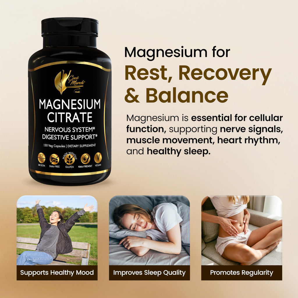 Cocó March N.M.D Magnesium Citrate 500mg per Serving, Gluten Free, Supports Sleep, Digestive Health, Muscle Function & Relaxation, High Absorption, Non-GMO, 150 Capsules