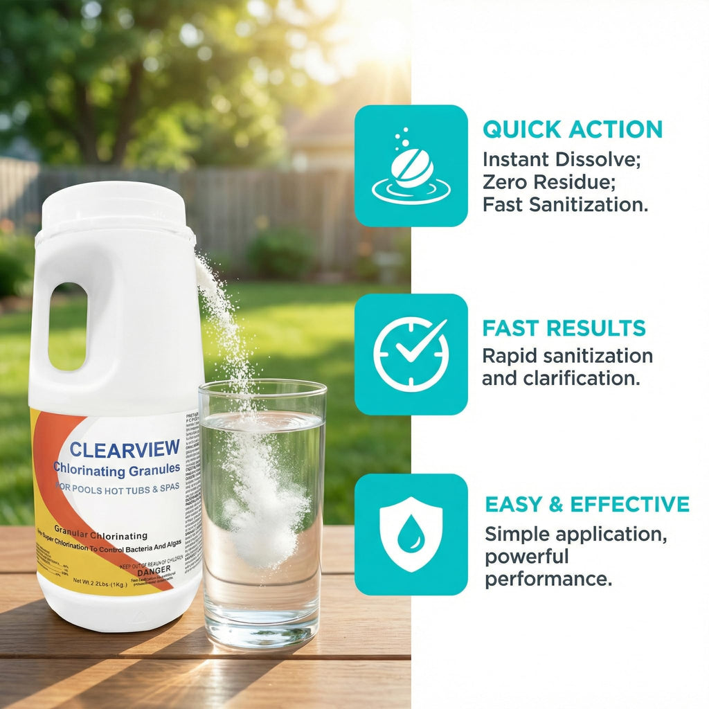ClearView Chlorine Granules 2.2 Lbs for Swimming Pools, Pool Chlorine Shock Granular Sanitizer for Spas, Fast Dissolving Chlorinating Granules for Hot Tubs
