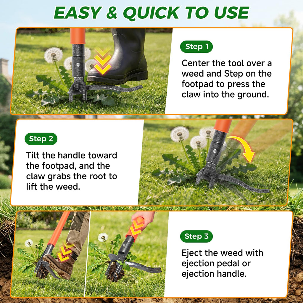 RexWeed Stand Up Weed Puller Tool, 4-Claw Steel Head Deep Root Extractor with Dual-Eject Design, Real Bamboo Long Handle & Metal Anti-Slip Pedal, No Bending Dandelion Remover for Garden Lawn Yard