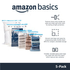 Amazon Basics Vacuum Storage Bags, Compression Space Saving for Clothes and Linens, Reusable with Hand Pump, Large, Clear, 5-Pack