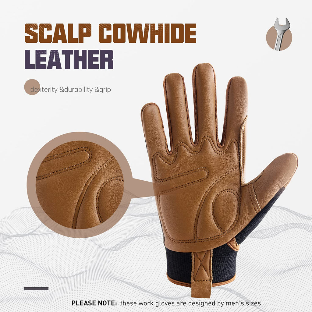HANDLANDY Leather Work Gloves Mens & Women, Utility Safety Mechanic Working Gloves Touch Screen, Flexible Breathable Yard Work Gloves (XL, Brown-Cowhide Palm)