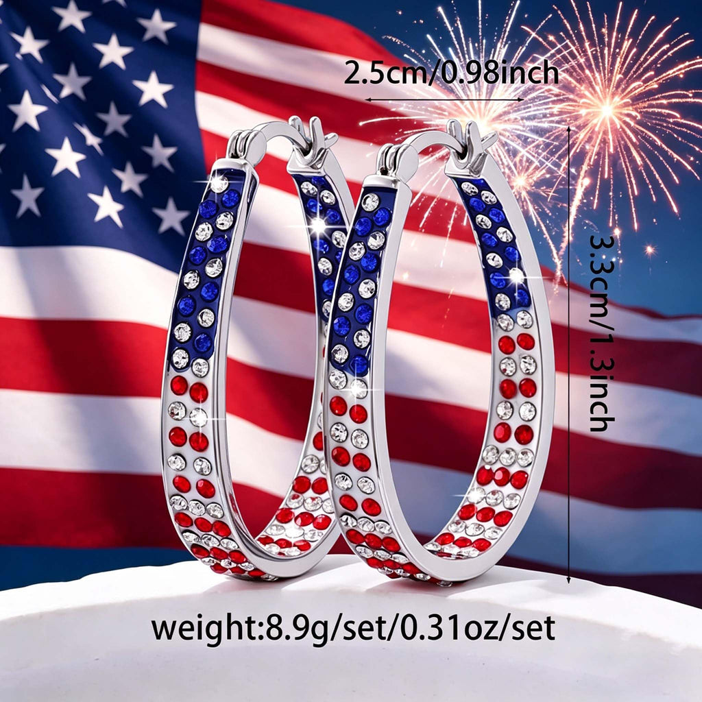 Go Ho 4th of July Patriotic Hoop Earrings, American Flag Red White and Blue Sparkly Crystal Jewelry for Women, Independence Day Accessories for Shirts Outfits