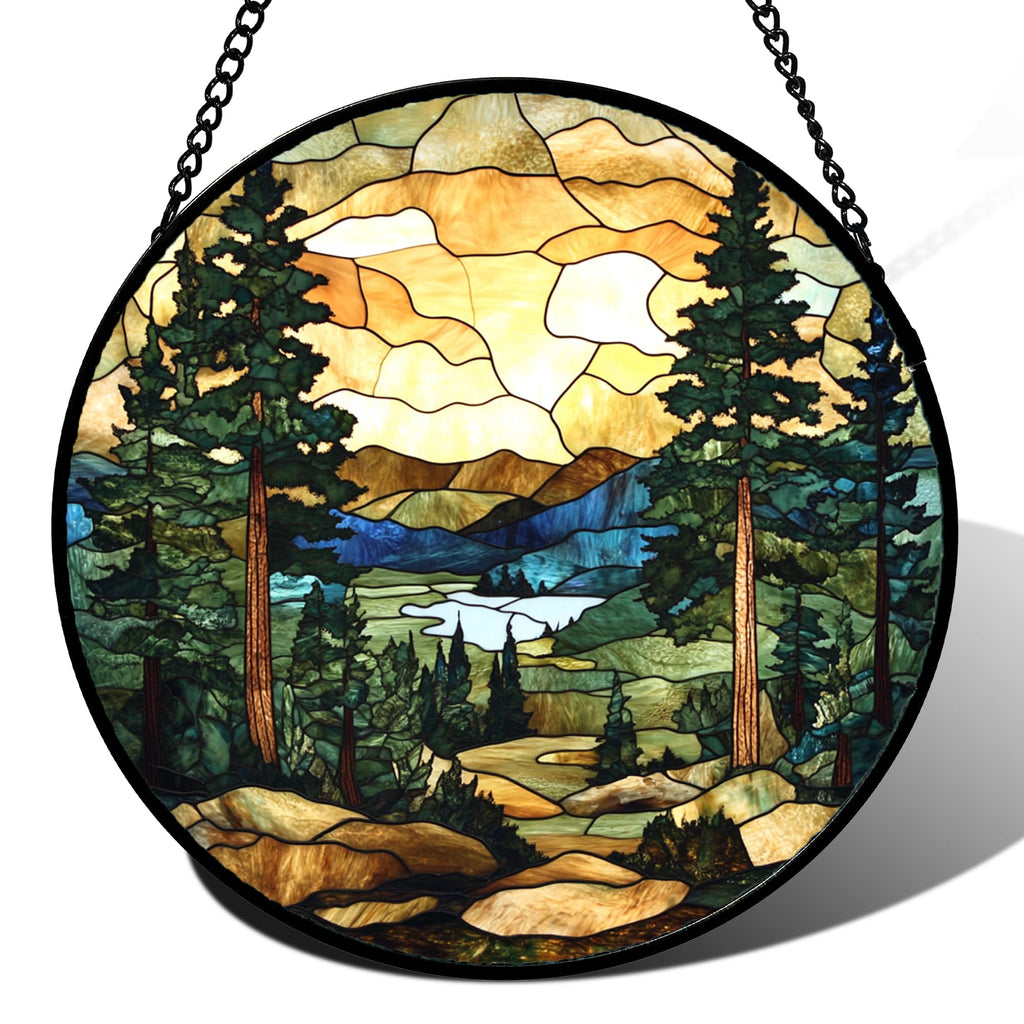 GEFOS Stained Glass Window Hanging Forest Lake Mountain Sunset 7.8" - Suncatcher Door Garden Sunroom Sun Catcher Home Decor Birthday Christmas for Mom Men Woman Nana Friend