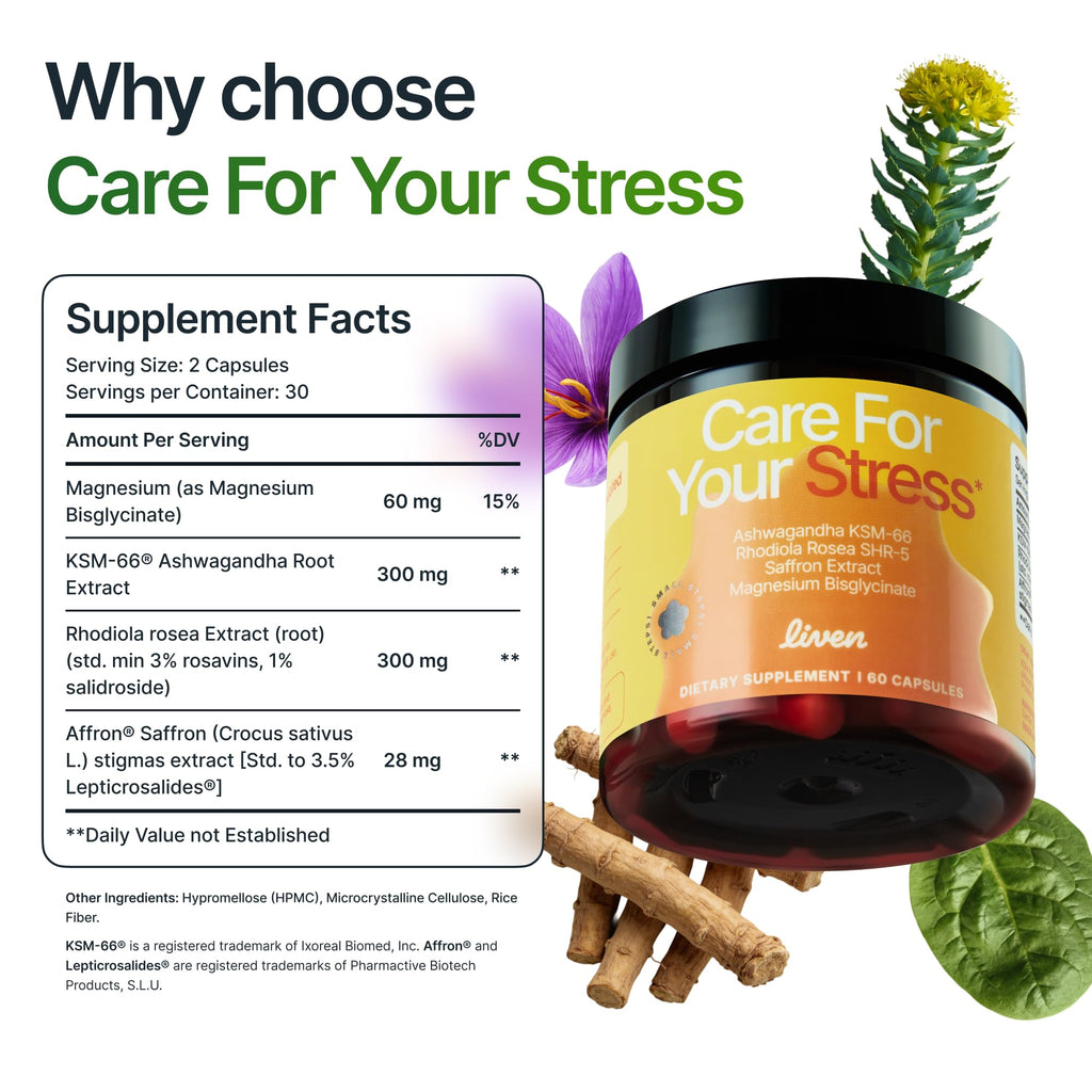 LIVEN SUPPLEMENTS Care for your Stress - KSM-66, Rhodiola Rosea, Magnesium & Saffron Extract – Daily Balance & Focus Support - 30 Servings