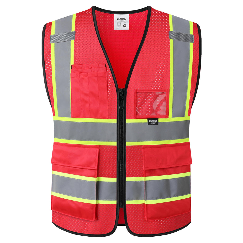 JKSafety Safety Vest for Men Women Hi Vis Vest with Pockets and Zipper Front Reflective High Visibility Vests Meet ANSI Standard Red Color Extended Yellow Strips (BX320-Red 3XL) 1 Piece