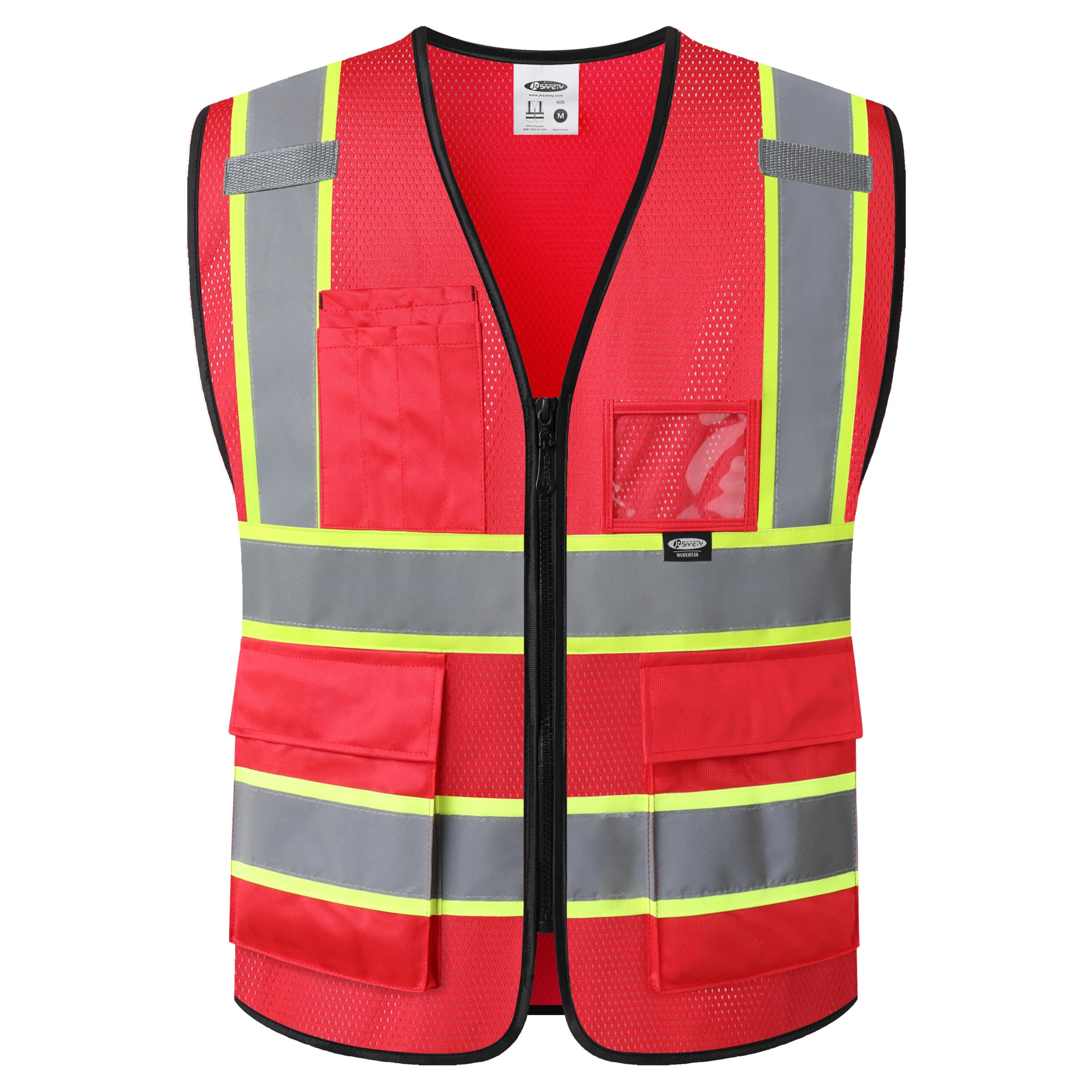 JKSafety Safety Vest for Men Women Hi Vis Vest with Pockets and Zipper Front Reflective High Visibility Vests Meet ANSI Standard Red Color Extended Yellow Strips (BX320-Red 3XL) 1 Piece