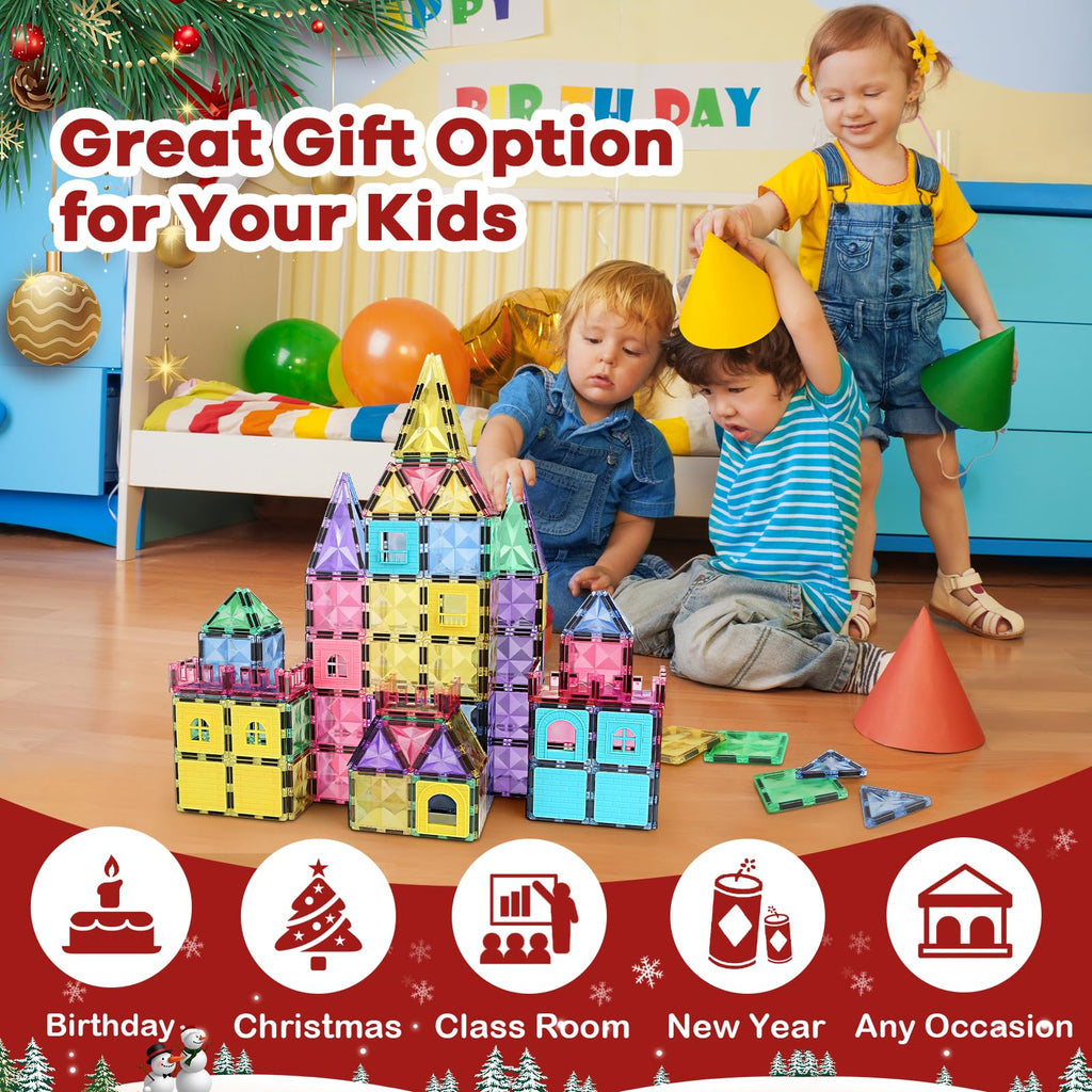 ROMDS Magnetic Tiles, Magnetic Building Blocks for Kids Ages 3+ and STEM Magnet Toys, Clear Magnet 3D Blocks Construction Playboards for Boys & Girls, Sensory Play for Preschool Learning(120 pcs)