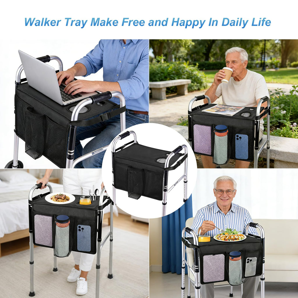 Cejiuga Walker Tray for Folding Walker, Premium Tray for Walker for Seniors with Cup Holder, Walker Trays for Rolling Folding Walker, Walker Accessories for Seniors (Black)
