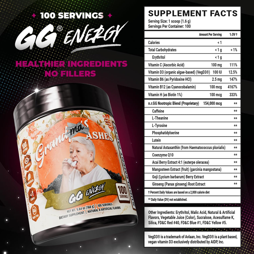 Gamer Supps GG Energy - Grandma's Ashes by Goons (100 Servings) - Keto Friendly Gaming Energy and Nootropic Blend, Sugar Free + Caffeine + Vitamins + Immune Support, Powder Drink