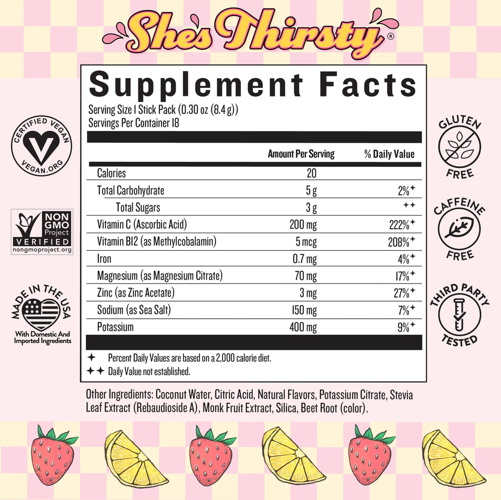 Legendairy Milk She’s Thirsty – Strawberry Lemonade, Hydration Packets | Cortisol Supplement for Stress Relief & Adrenal Support | Coconut Water Electrolytes Powder, No Sugar Added 18 ct