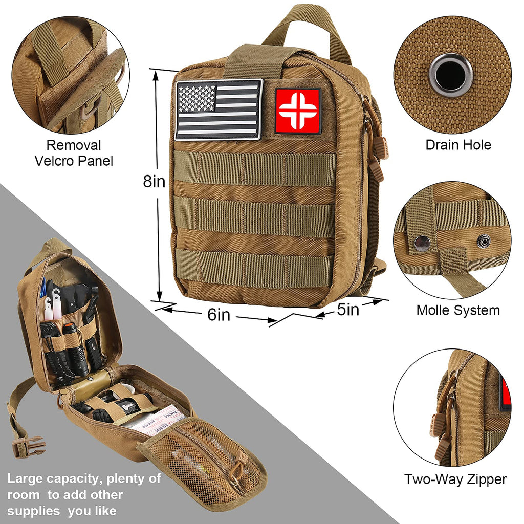 Emergency Survival Kit and First Aid Kit, 142Pcs Professional Survival Gear and Supplies Equipment with Molle Pouch, Gift for Christmas Men Dad Husband Camping Hiking Hunting Outdoor Adventure (Khaki)