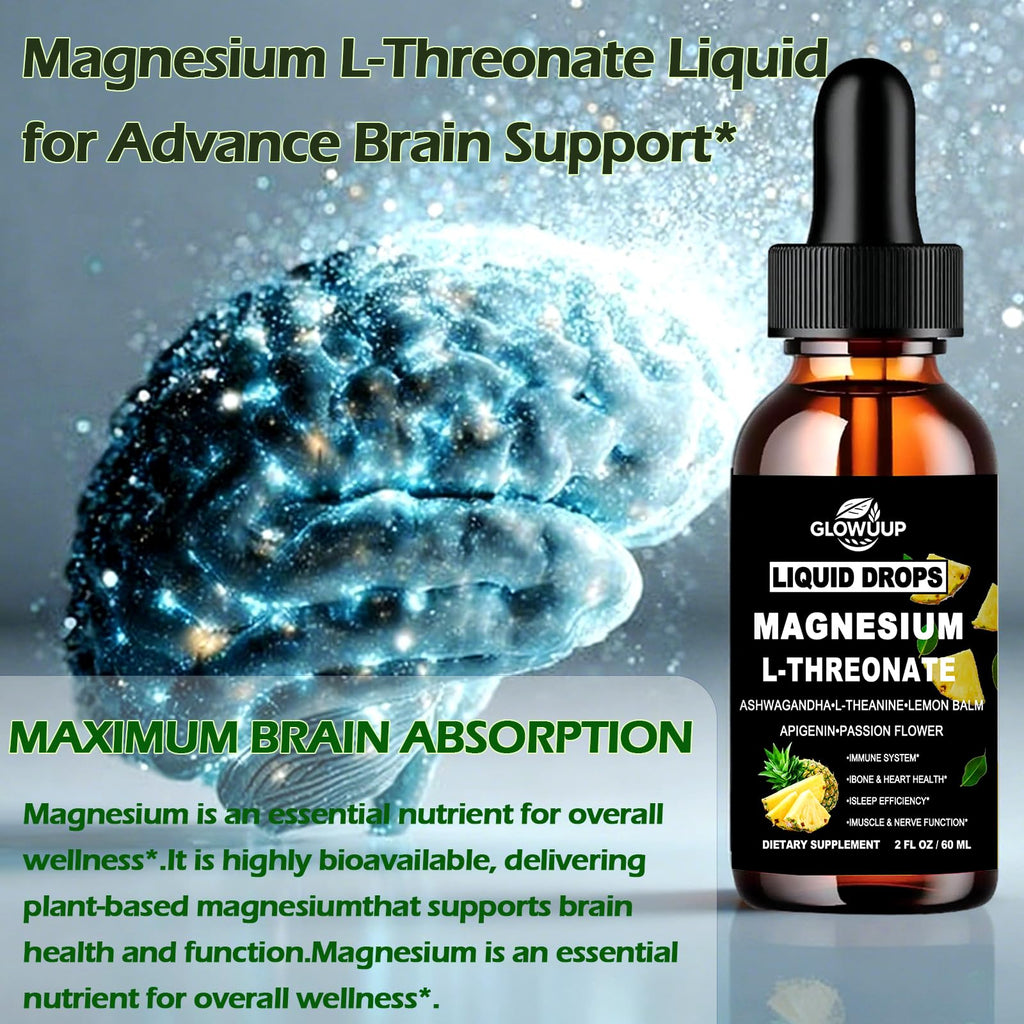 Magnesium L-Threonate Liquid Drops, Magnesium L Threonate Supplement w. Apigenin,Theanine,Lemon Balm for Sleep & Memory, Brain & Nerve Support, Fast Acting Liquid l Threonate Magnesium Than Capsules