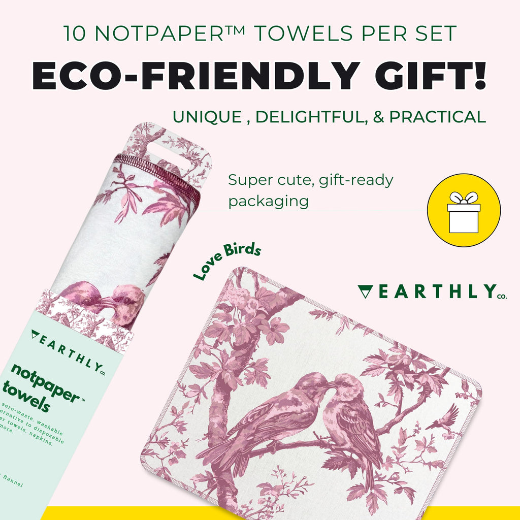 Earthly Co. Reusable Paper Towels - 10 Pack - Roll of Washable Cotton Cloth Paper Towels - Paperless Reusable Napkins Cloth Washable - Absorbent + Long Lasting - Zero Waste Products - (Love Birds)