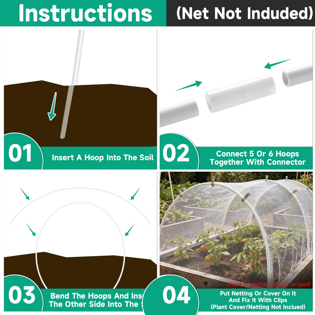 Greenhouse Garden Hoops for Raised Beds Plant Cover Netting, 36pcs PVC Adjustable Garden Hoop with 20 Clips for Shade Cloth Net, Rust-Free Green House Hoops Grow Tunnel Plant Hoop Support DIY Frame