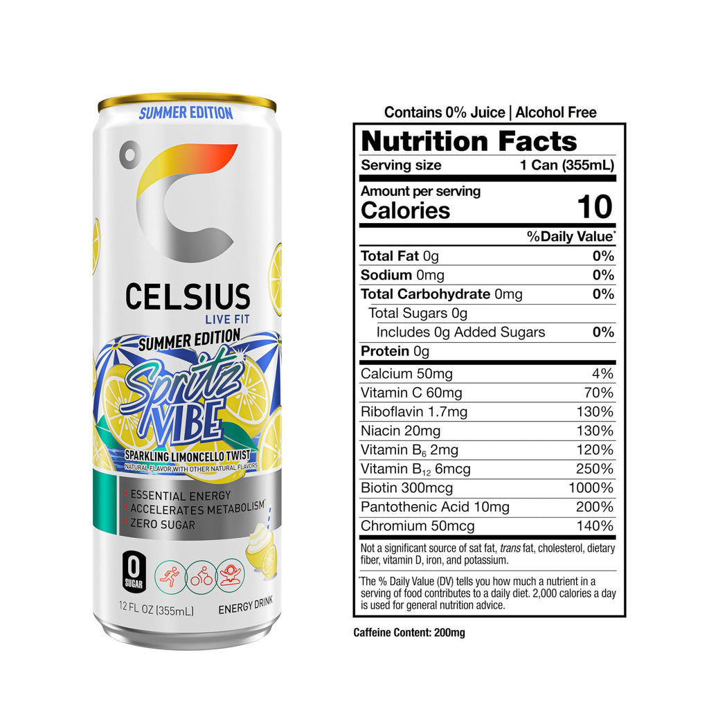 CELSIUS Sparkling Spritz Vibe Summer Edition, Sugar Free Energy Drink, 12 Fl Oz (Pack of 12)