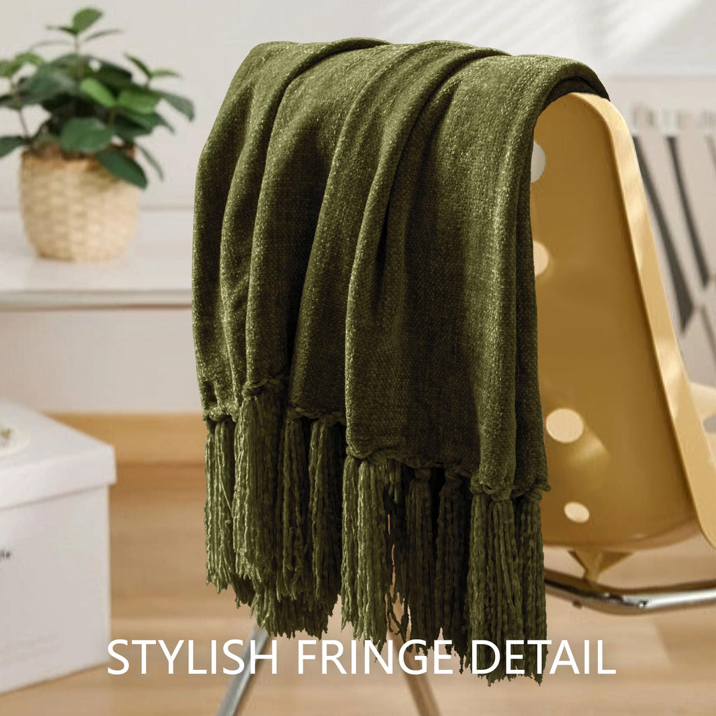 LONG CREATE Chenille Throw Blanket for Couch 50" x 60", Olive Green