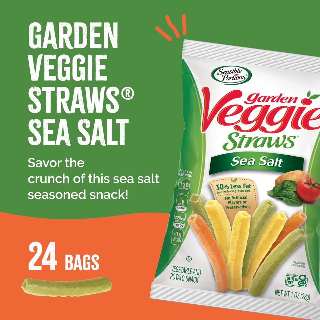 Sensible Portions Garden Veggie Snacks - Veggie Straws, Gluten Free, Snack Size Sea Salt, 1 Oz (Pack of 24)