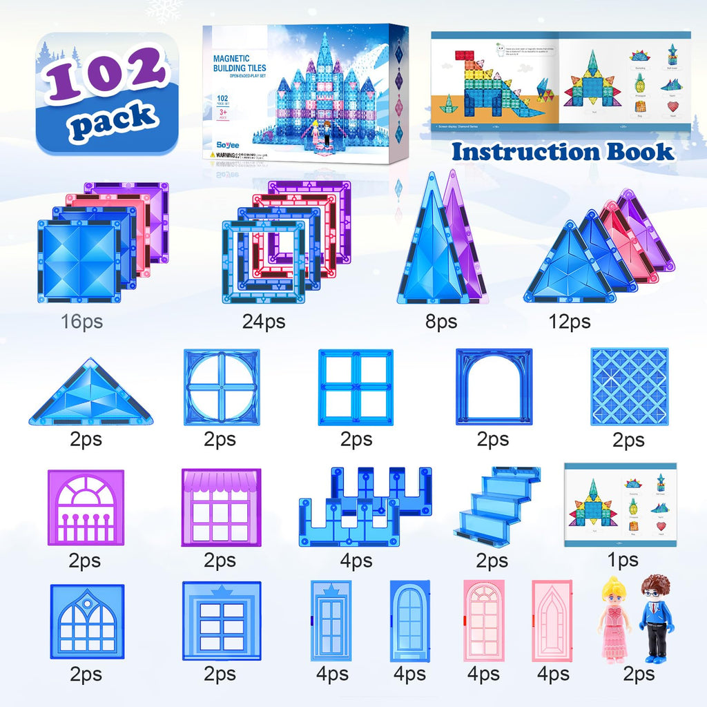 Magnetic Tiles 102pcs with 2 Stairs 2 Dolls Princess Castle Building Girls Toys Age 4-5 6-8 Magnetic Blocks Birthday Xmas Gifts for Girls Toys for 3 4 5 6 7 8+ Year Old
