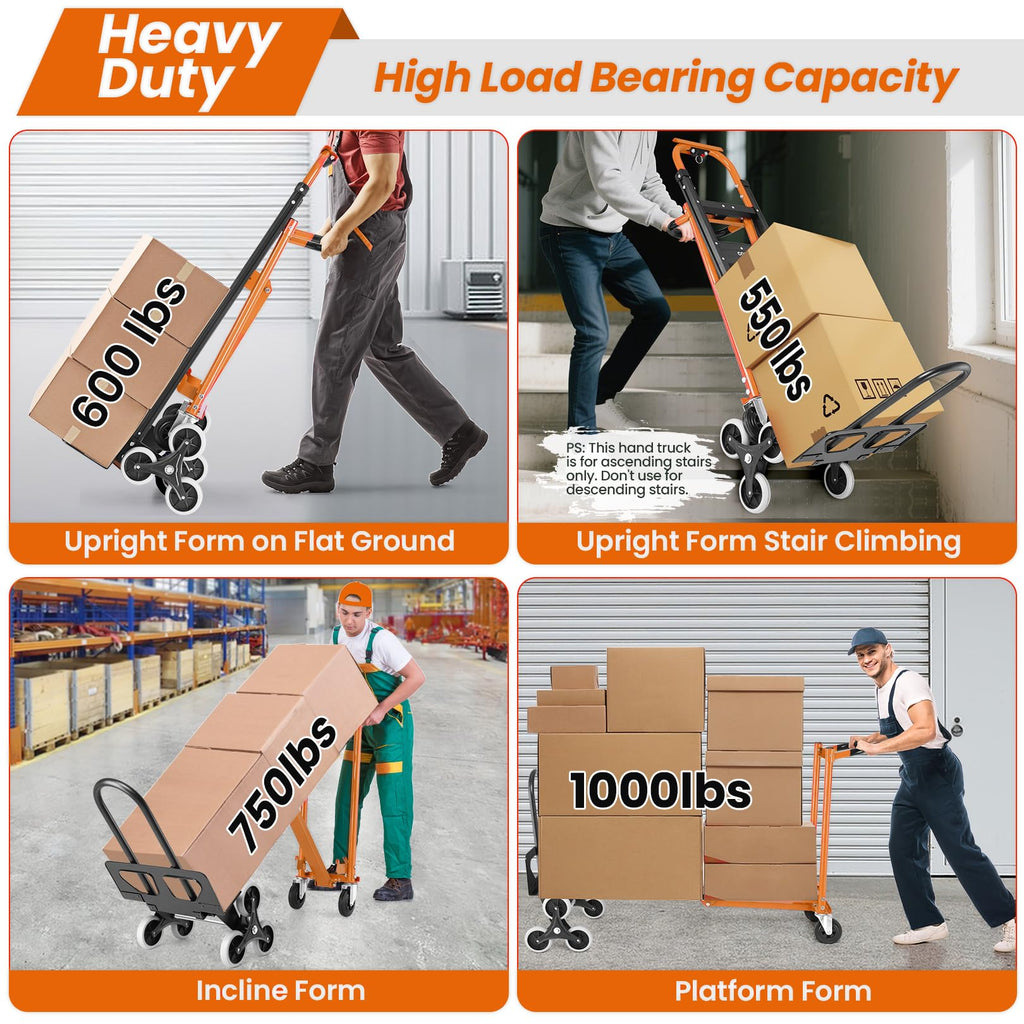 4-in-1 Hand Truck Dolly Heavy Duty Industrial Convertible, 1000 LBS Stair Climbing Cart Utility Cart Converts from Hand Trucks Dolly to Platform Cart Folding Stair Climbing Cart (Orange)