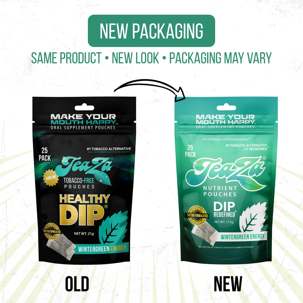 Teaza Herbal Energy Pouches Tobacco Alternative Nicotine Free Dip, Alternative Snuff Healthy Dip Pouches, Wintergreen Energy (2 Pack)