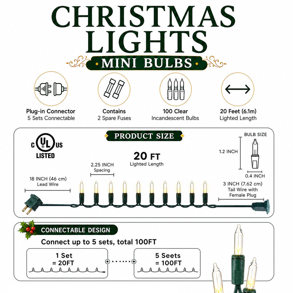 Warm White Christmas Lights, 2 Pack Total 40FT 200 Count Incandescent Christmas Mini Tree String Lights, Waterproof Christmas Decorations for Outdoor Indoor Xmas Patio Home Party Garden Yard Decor