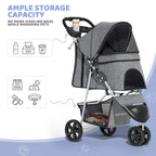 Magshion 3-Wheel Pet Stroller, Foldable Travel Jogger for Small & Medium Dogs & Cats (Up to 33lbs), Lightweight Carrier with Breathable Mesh Cover, Cup Holder & Storage Basket, Gray