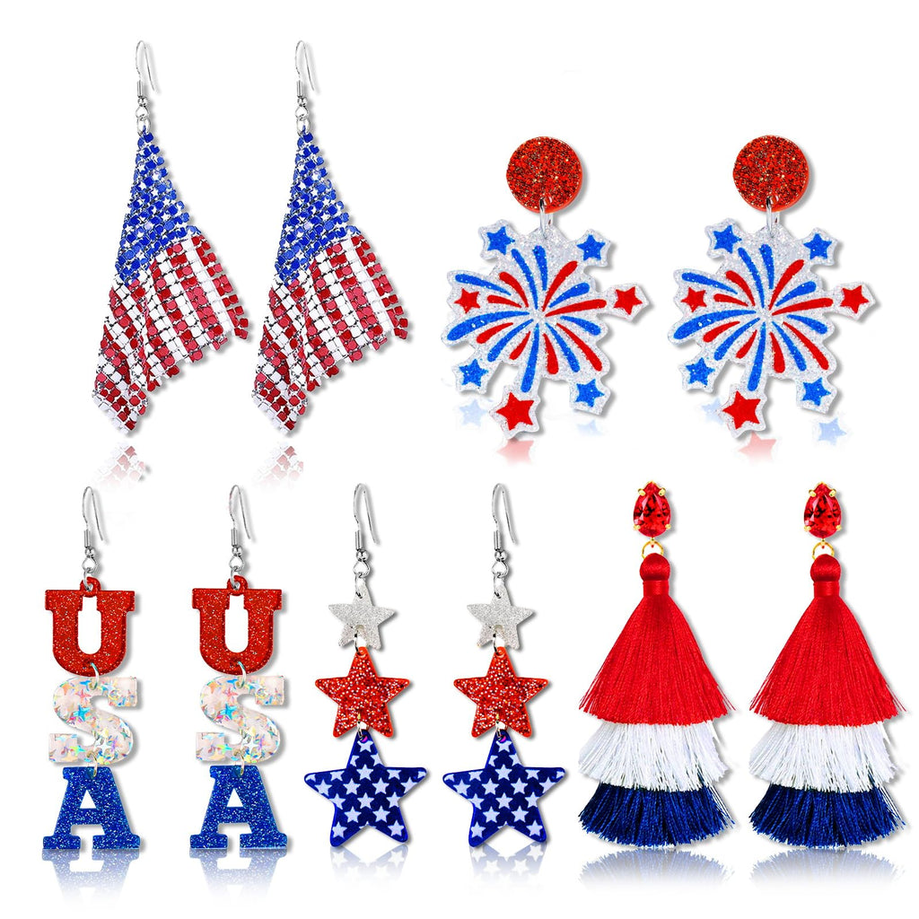 fulasiteu 5 Pairs Patriotic 4th of July Earrings for Women,American Flag Dangle Drop Stud Earrings Fourth of July Accessories Independence Memorial Day Party Favor Gift