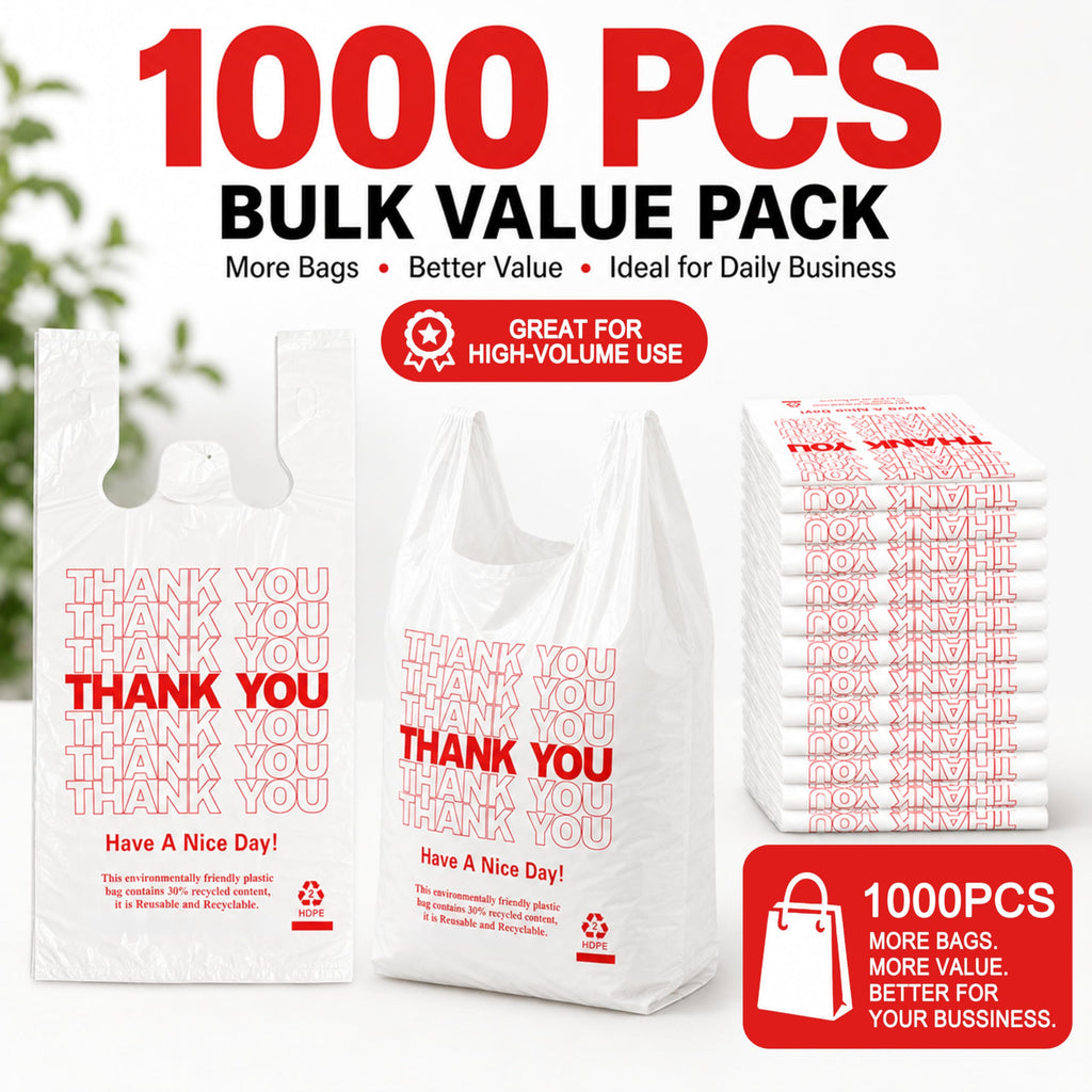 YoYoRain 1000 Pack White Thank You T-Shirt Bags with Handles, 11"x6"x21" Plastic Shopping Bags for Grocery, Retail & Takeout