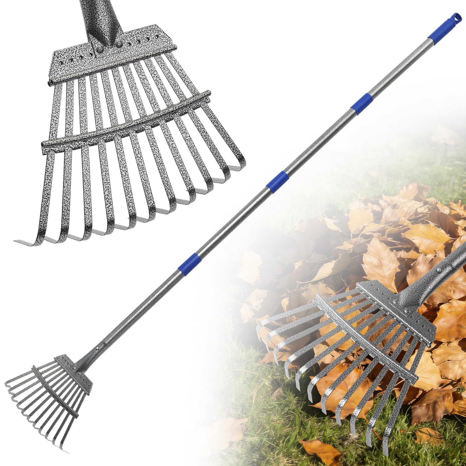 Gixmuoiy Garden Rake for Leaves, Heavy-Duty Small Metal Rake for Lawn, Yard, Garden Beds, Debris & Shrubs, 6 ft Adjustable Handle for Kids and Adults