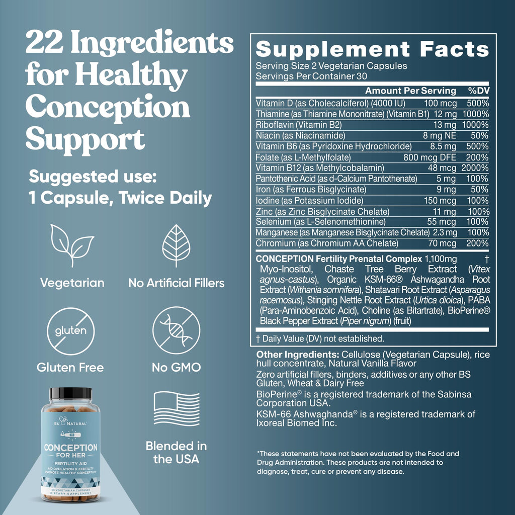 Eu Natural Conception for Her Fertility Supplements for Women - Ovulation, Hormonal Balance & Regular Cycle Support - Myo-Inositol, Folate, Folic Acid & Vitex - 60 Vegetarian Capsules