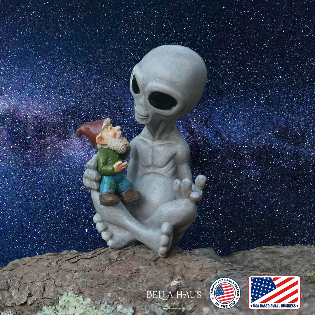 BELLA HAUS DESIGN Andre' & Fritz Friendship Stories Alien and Gnome Garden Statue | Poly-Resin 6.5" h x 4" w x 3.5" d Outdoor Décor (Stories - Garden Statue)