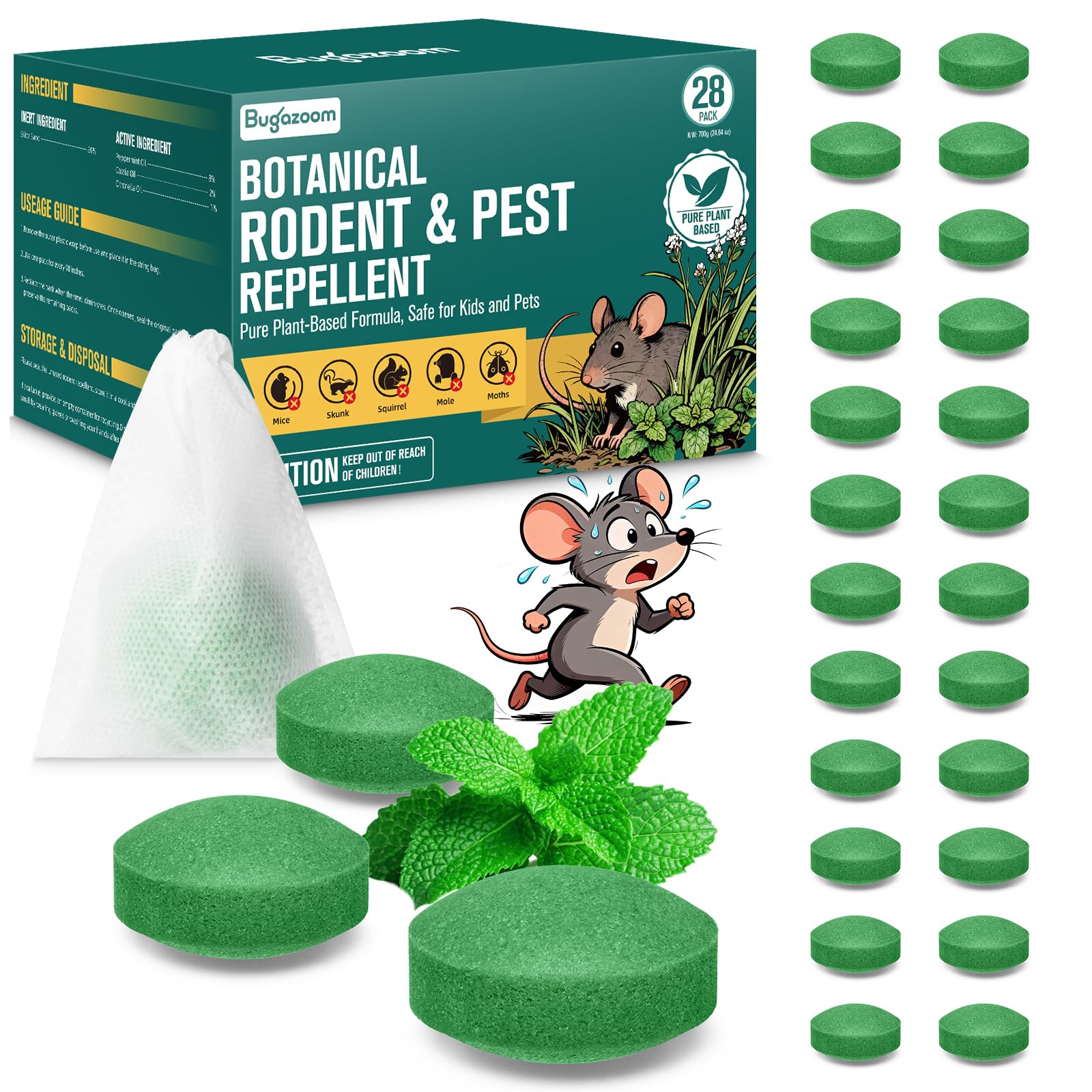 Natural Mice & Rat Deterrent‌ for Indoor/Outdoor Use - 28 Packs, Peppermint Oil Moth Balls for Rodents Repellent, Family & Pet-Safe, Long-Lasting Mouse Control for Squirrels, Skunks, Chipmunks‌