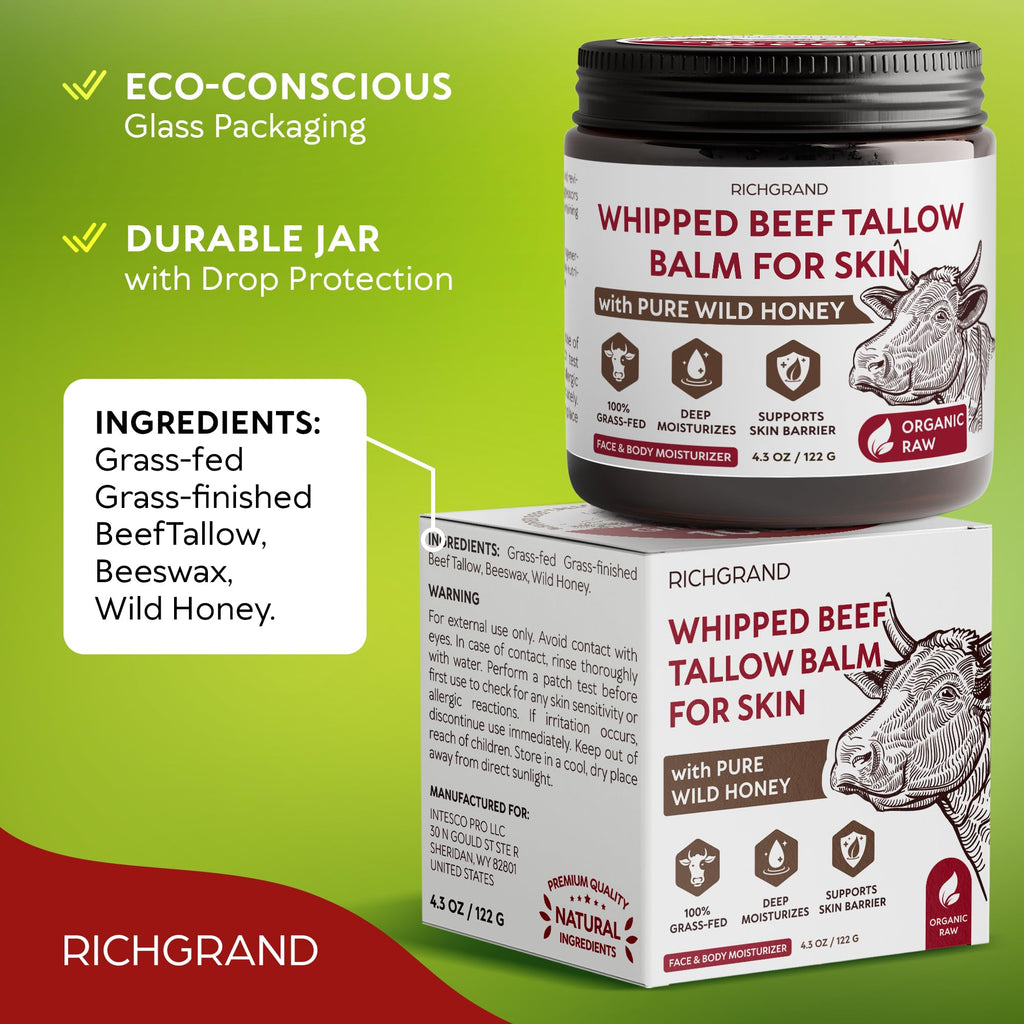 RICHGRAND Beef Tallow for Skin - Whipped Tallow and Honey Balm - Grass Fed Beef Tallow for Face, Daily Moisturizer & Body Butter - Natural Non Comedogenic Skincare (4.3 oz)
