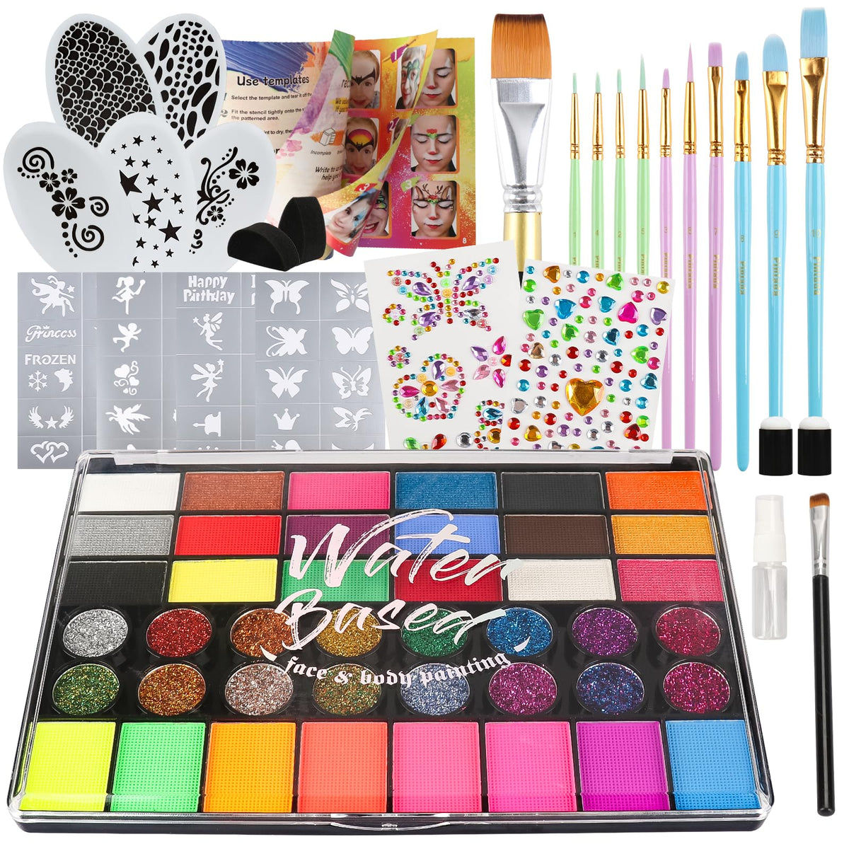 Pintada 42 Color Face Painting Kit for Kids - Non Toxic Water Activated Face Paint Palette With Stencils, Brush, Sponges, Book. For Carnival, Halloween, Costume Makeup and Festivals & Events