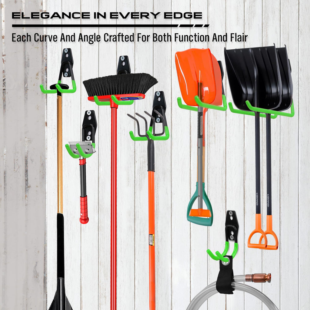 15-Piece Garage Wall Hooks with 3 Extension Straps, Green Heavy Duty Tool Storage Rack for Ladder, Bike, Shovel, Garden Tools, Metal Wall Mount Organizer Set
