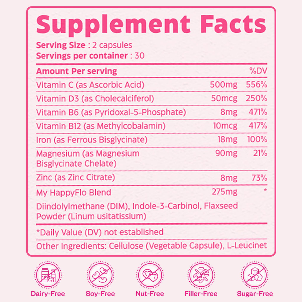 My Happy Flo Period Relief Supplement – Cramp Relief, Heavy Periods & Irregular Period Support, Bloating & Fibroid, Gentle Iron, DIM, Magnesium, Vitamin D3, Plant-Based PMS & Hormone Support | 60 Caps