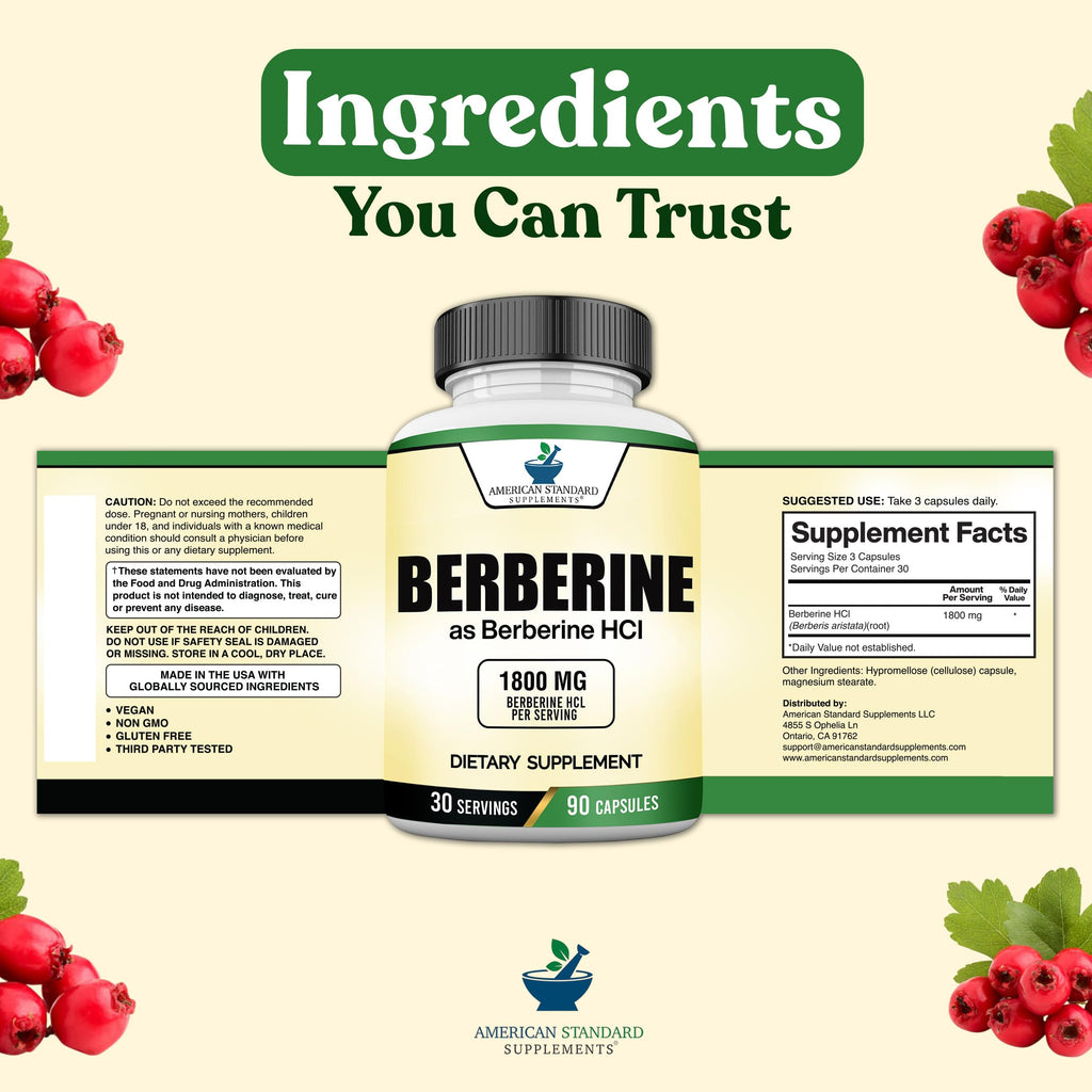 American Standard Supplements Berberine Capsules 1800mg Per Serving, 90 Veggie Capsules