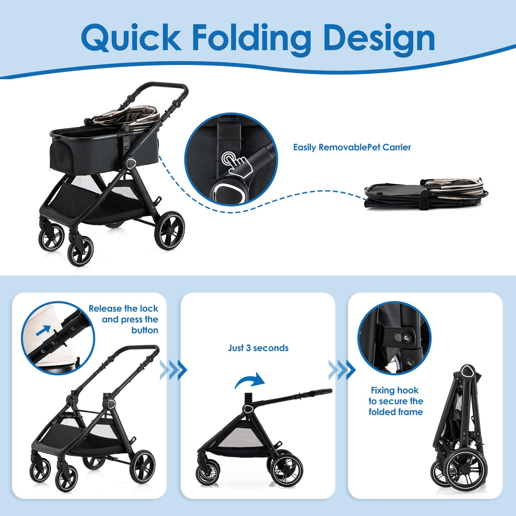 KAVELLIN Pet Stroller for Small Medium Dogs Cats Up to 50lbs, Dog Stroller with Removable Carrier, One Click Folding Pet Strollers, All-Terrain 4 Wheels Cat Strollers, Yellow