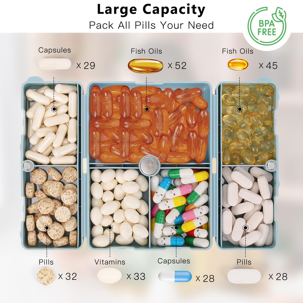 FYY 2PCS 7 Day Pill Box Organiser, Travel Pill Case, [Folding Design][Large Capacity] Portable Pill Dispenser Container for Vitamins, Cod Liver Oil, Supplements, Medication Large + Small Pink