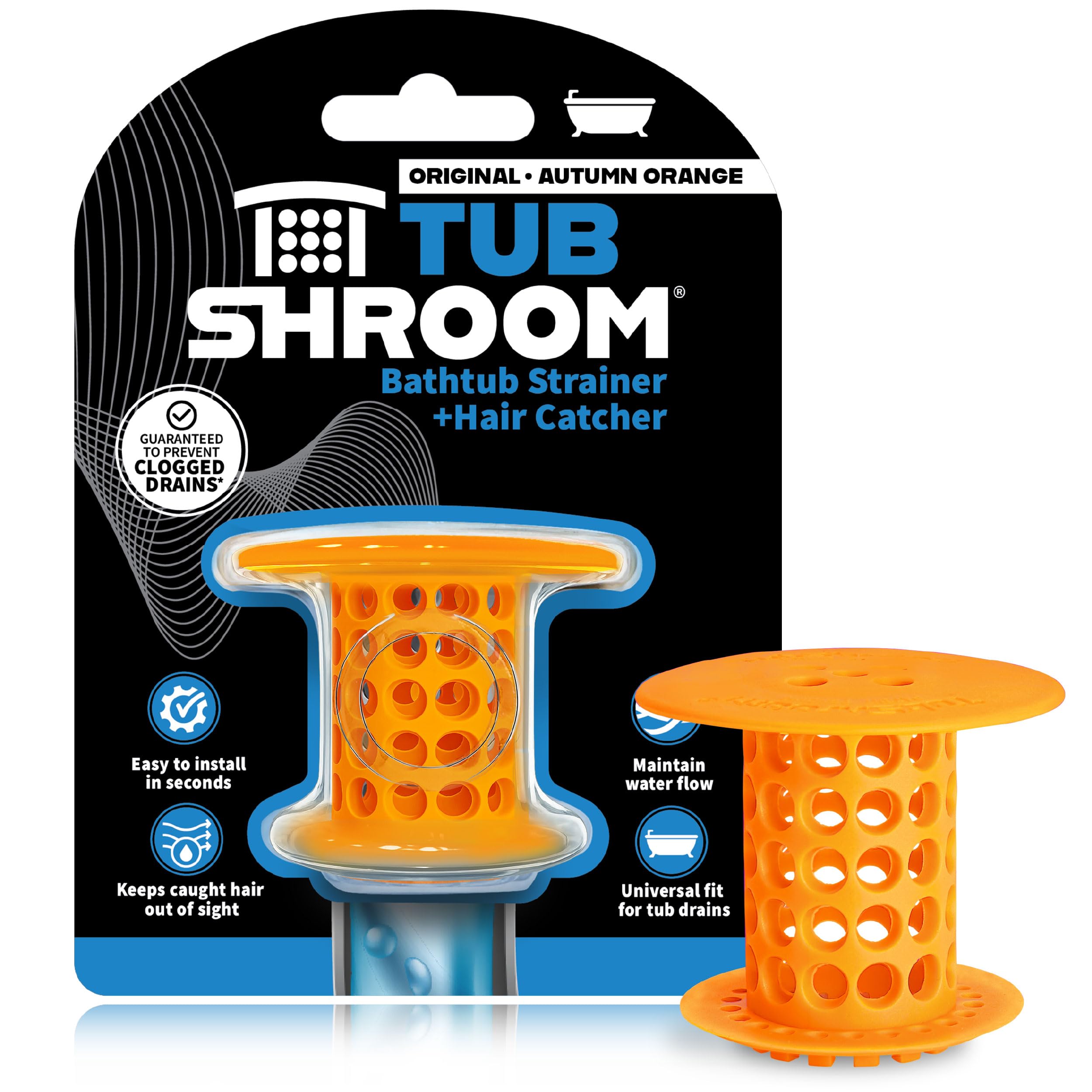 TubShroom Bathtub Drain Hair Catcher – In-Drain Tub Strainer & Clog Prevention Protector, Fits Standard 1.4”–1.75” Tub Drains, Easy Clean, Captures Human & Pet Hair out of Sight (Orange)