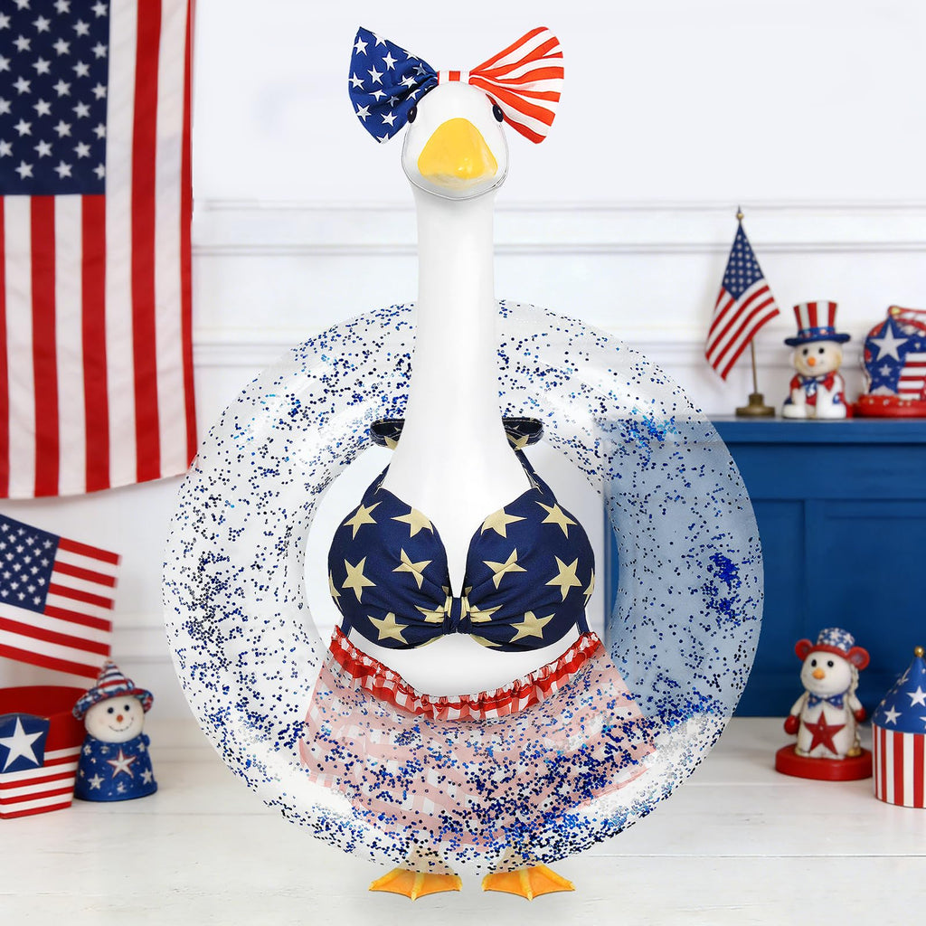 APHIUFR 4th of July Porch Goose Outfits,3 Pcs Goose Outfit Set with Bow Headband,Bikini Skirt and Swim Ring,Fits 23-Inch Lawn Goose Statue,Patriotic Porch Goose Clothes for Yard Garden Patio Decor
