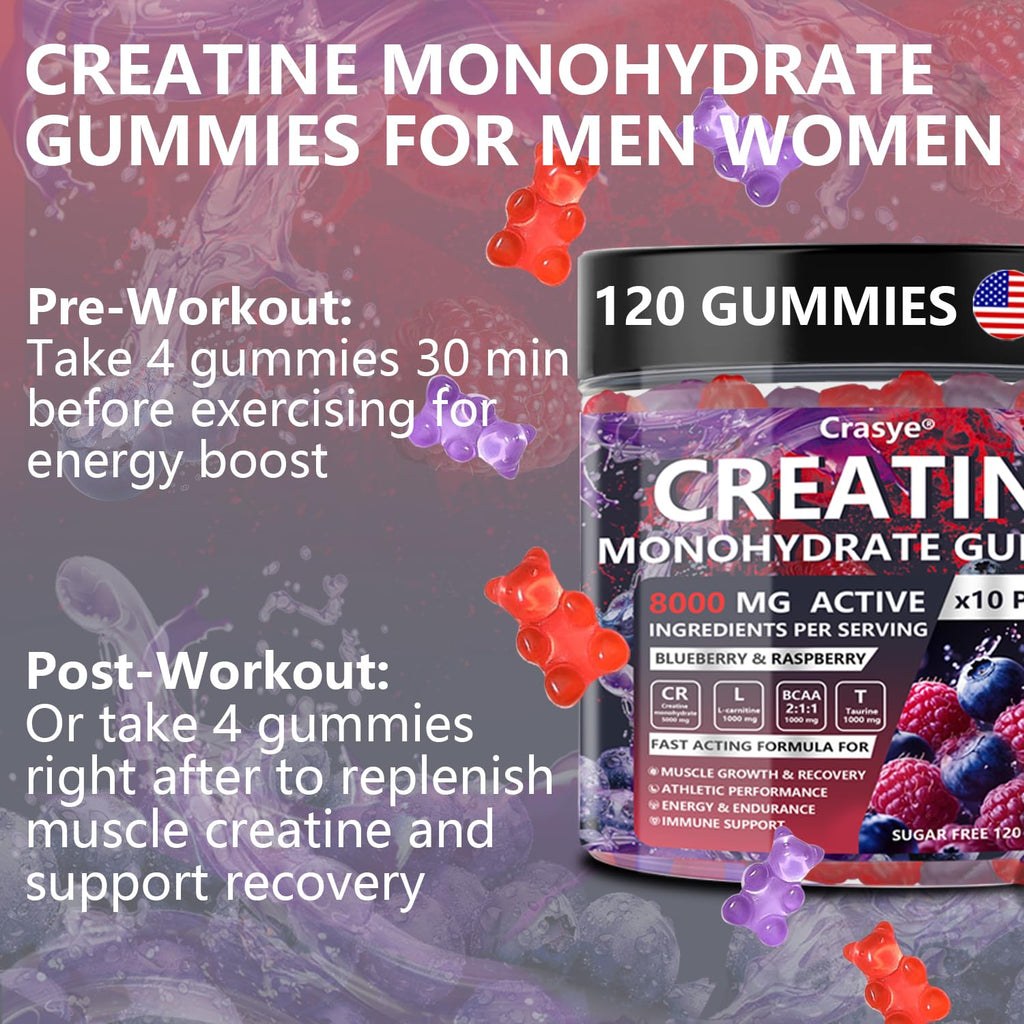 Crasye Creatine Monohydrate Gummies Complex 8000 MG for Men Women, Creatine Gummy with Taurine BCAA for Energy Support and Muscle Strength, Sugar Free Pre-Workout Supplement
