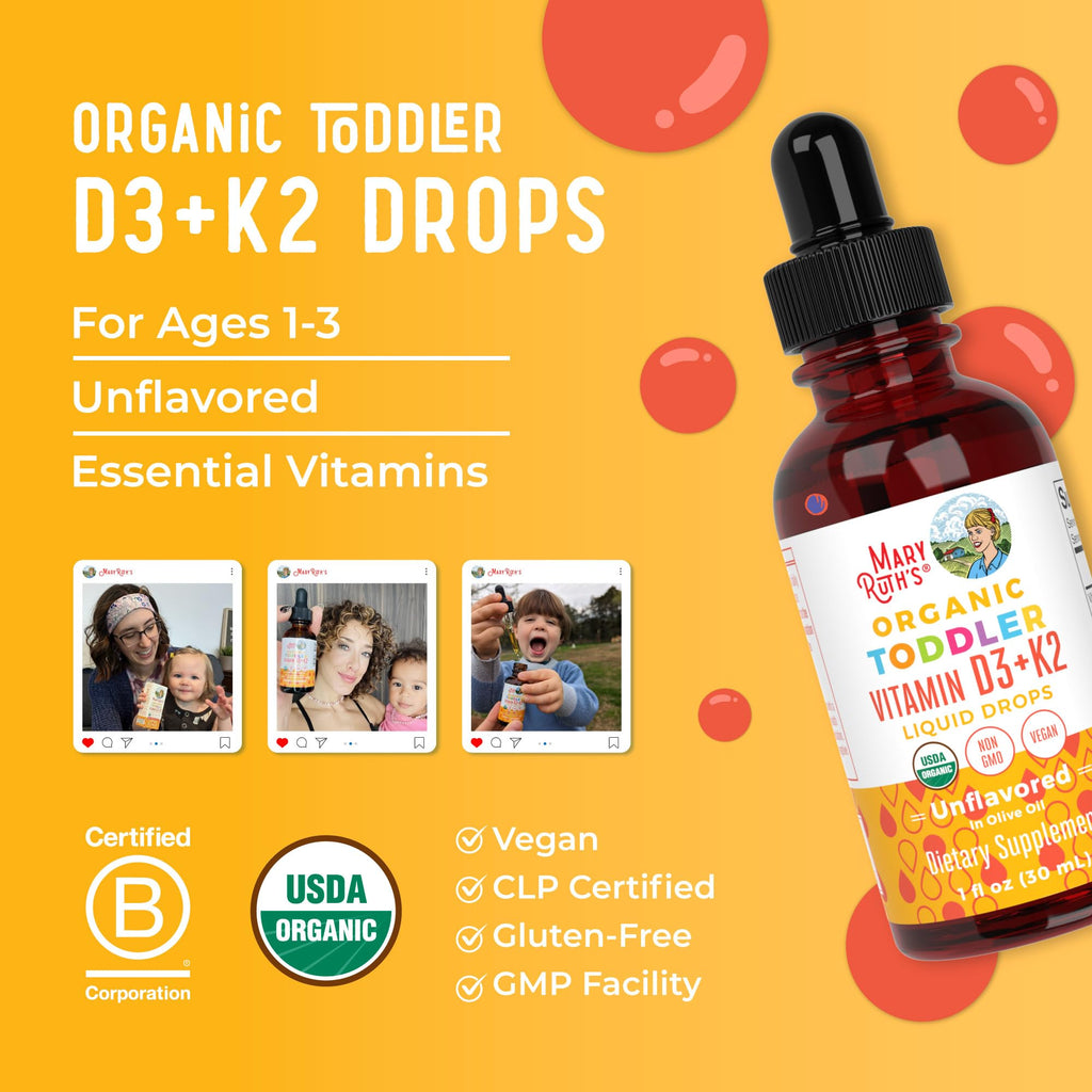 MaryRuth Organics Vitamin D3 | Vitamin K2 | Vitamin D3 K2 Drops | K2 D3 Vitamin Liquid Supplement for Toddlers | Kids Supplement for Calcium Absorption Strong Bones | Vegan | Gluten Free | 1 Fl Oz