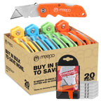 M MEEPO Box Cutter, 20-Pack Tough Folding Box Cutter Bulk for Heavy Duty Purpose, Razor Sharp Utility Knife Bulk, with Extra 50-Piece Blades, Can cut Drywall, Sheet Plastic, Linoleum, Boxes, Rope